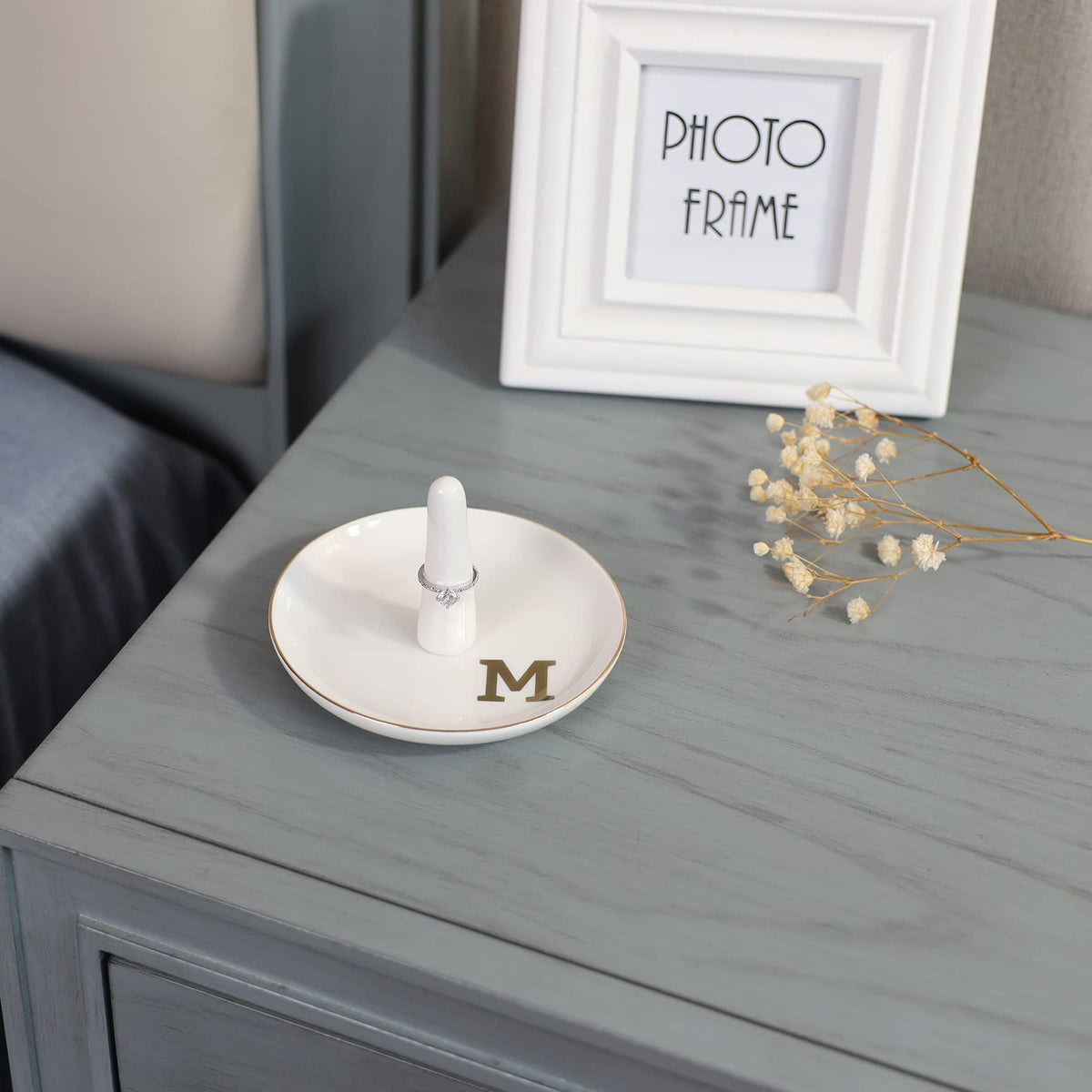 HOME SMILE Initials Ring Holder Jewery Tray with personalized M-Monogrammed Engagement Gifts for Friends,Birthday Mother's Day Christmas Gifts for Women,Ceramic White