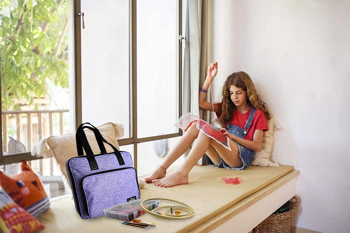 ATTERET Full Range Embroidery and Cross Stitch Starter Kit with Premium Storage Organizer Bag, Includes 99 DMC Coded Cotton Threads, 9 Metallic Floss, 3 Hoops, Needles, Scissors + More (Purple)