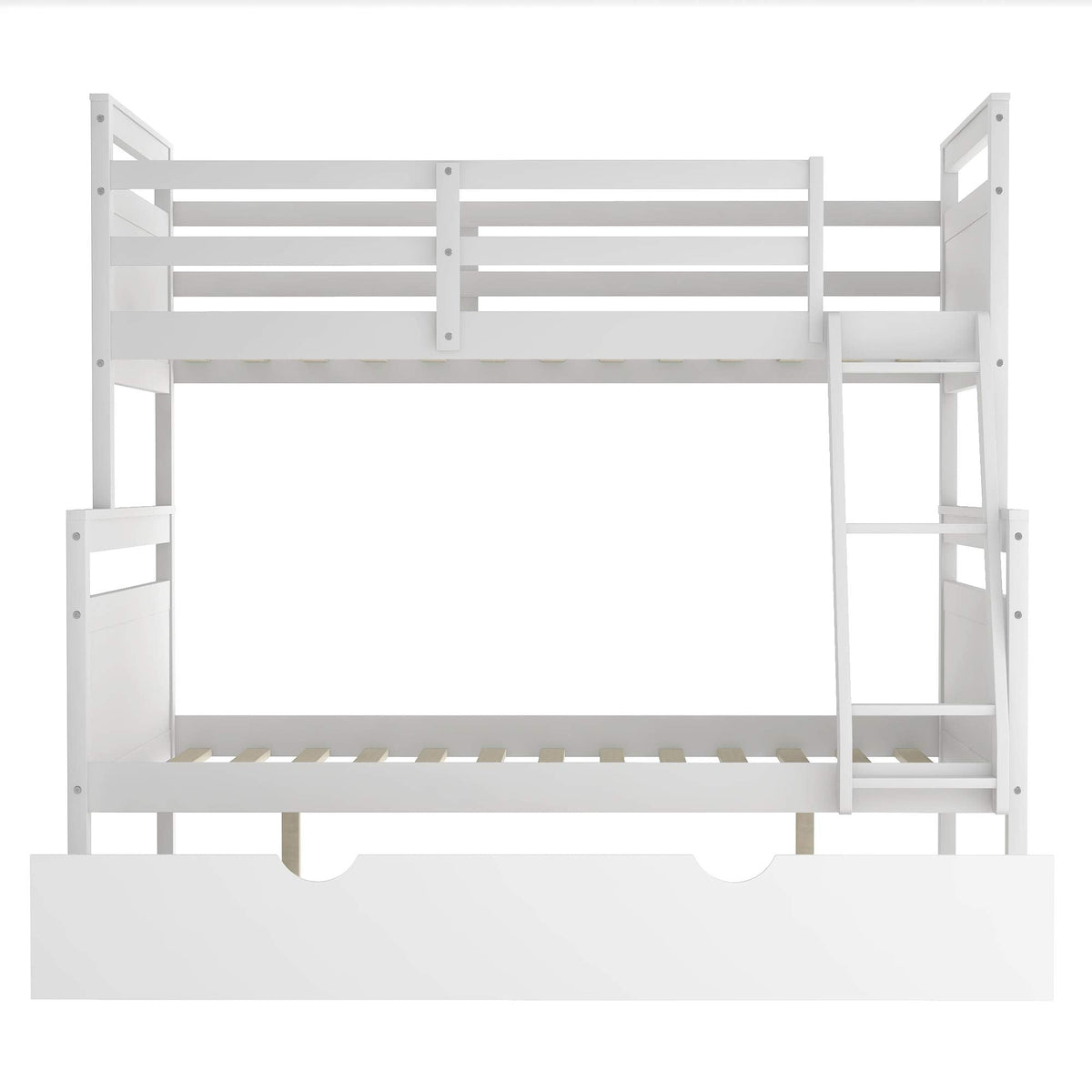Merax Twin Over Full Wood Bunk Bed Withe Trundle and Safety Guardrail for Teens, Guests,No Box Spring Needed, White