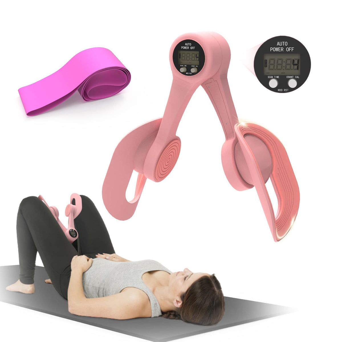 Thigh Trainer, 360°Adjustable Pelvic Floor Muscle Trainer with LED Display, Inner Thigh Exerciser with 20LB Resistance Band for Women, Home Fitness Equipment for Hip, Leg, Arm
