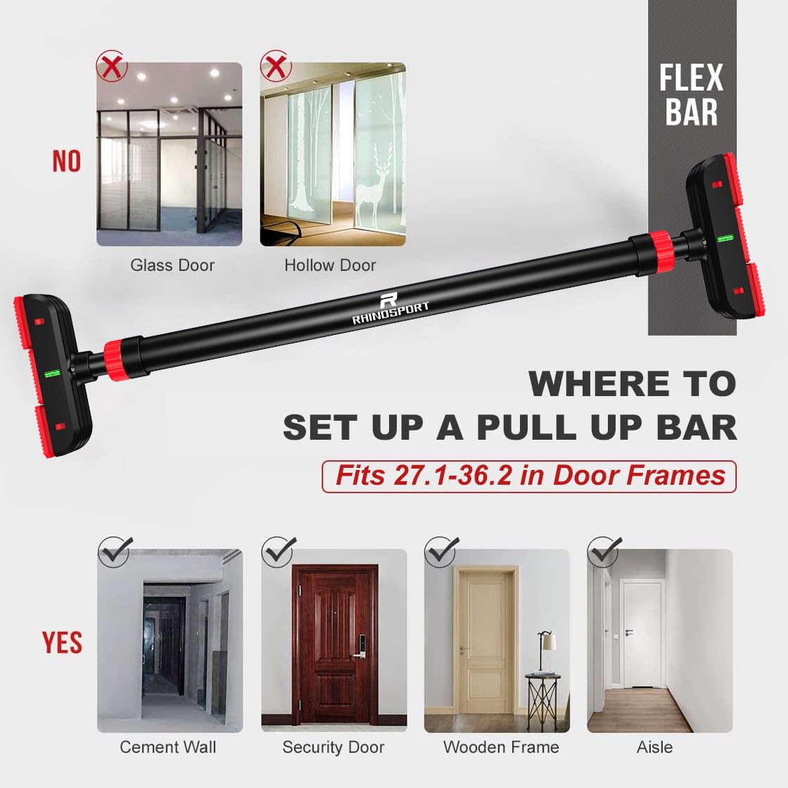 RHINOSPORT Door Pull Up Bar Doorway Chin Up Bar from 69-92 cm (27.1in-36.2in) Workout Equipment for Home Gym Upper Body Workout Non-slip