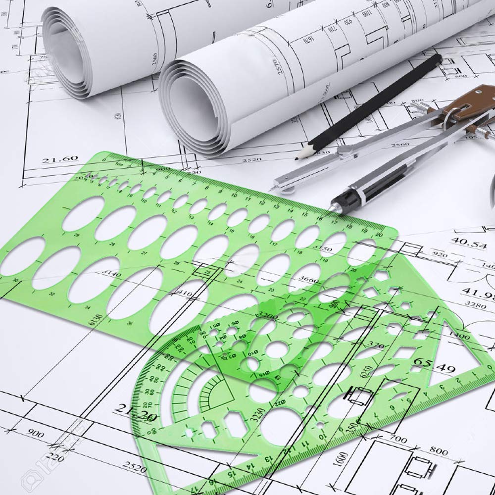 ipxead 11 Piece Geometric Drawing Template Measuring Ruler, Transparent Green Plastic Ruler with Portable Plastic Bag for, for Studying, Designing and Building