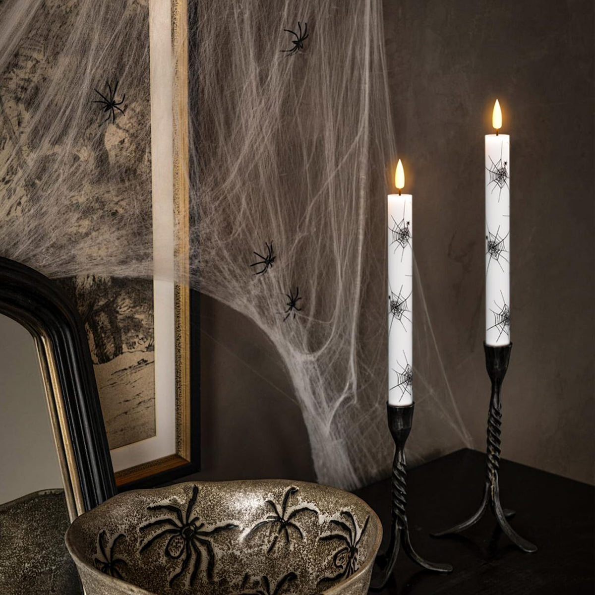 GenSwin Real Wax Flameless Taper Candles, 4 Pack Halloween LED Taper Candles Battery Operated with Remote Timer, Flameless Candlesticks with Spider Web Prints for Halloween Decoration (0.75” x 9.65”)