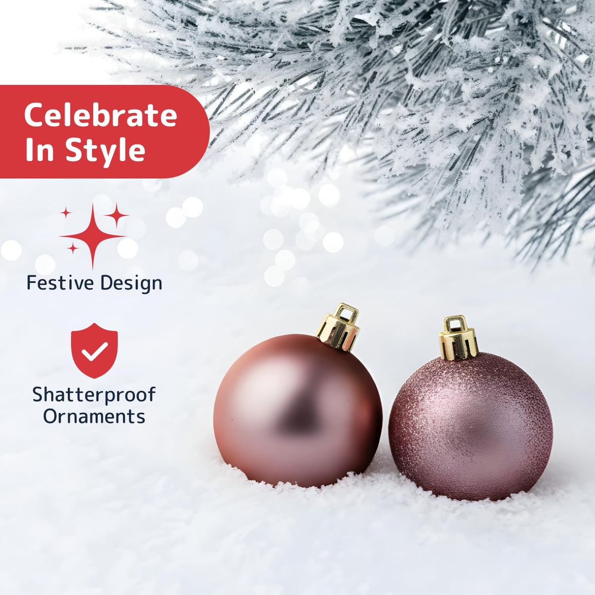 Prextex 36-Pieces Champagne Christmas Ornaments Set - Shatterproof, Festive Christmas Balls Decorations in 3 Sizes and 6 Styles with Hanging Loops for Tree, Wreath, and Dazzling Holiday Party Decor