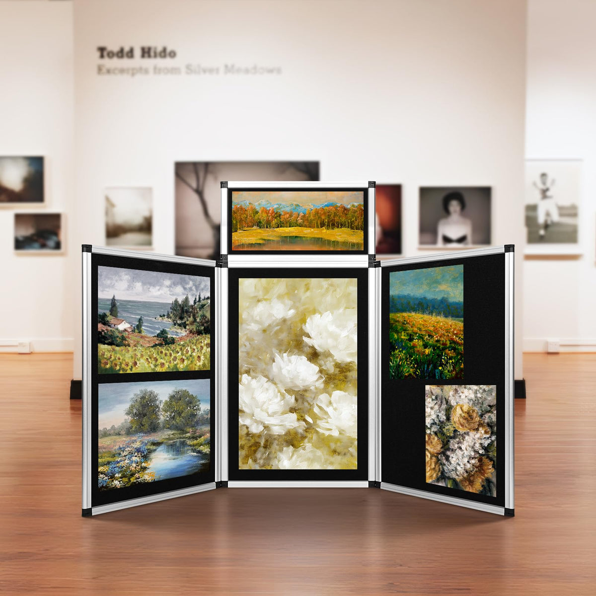 Nisorpa 3+1 Panel Folding Trade Show Presentation Board 70.8“ x 35.4” Trifold Desktop Display Board with Carry Bag Large Metal Frame Tabletop Display 4 Panels-Black