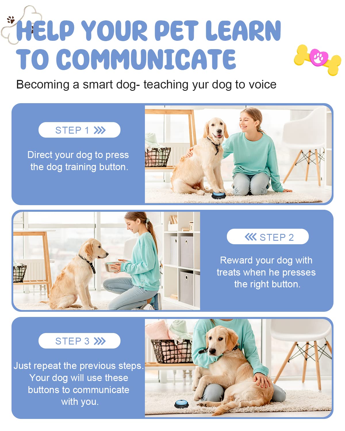 Dog Buttons for Communication, 8 Pcs Dog Talking Button Set, 30s Recordable Voice Pet Buzzer Training Buttons, Speaking Button for Dogs with Waterproof Anti-Slip Dog Button Mat and 48 Scene Stickers