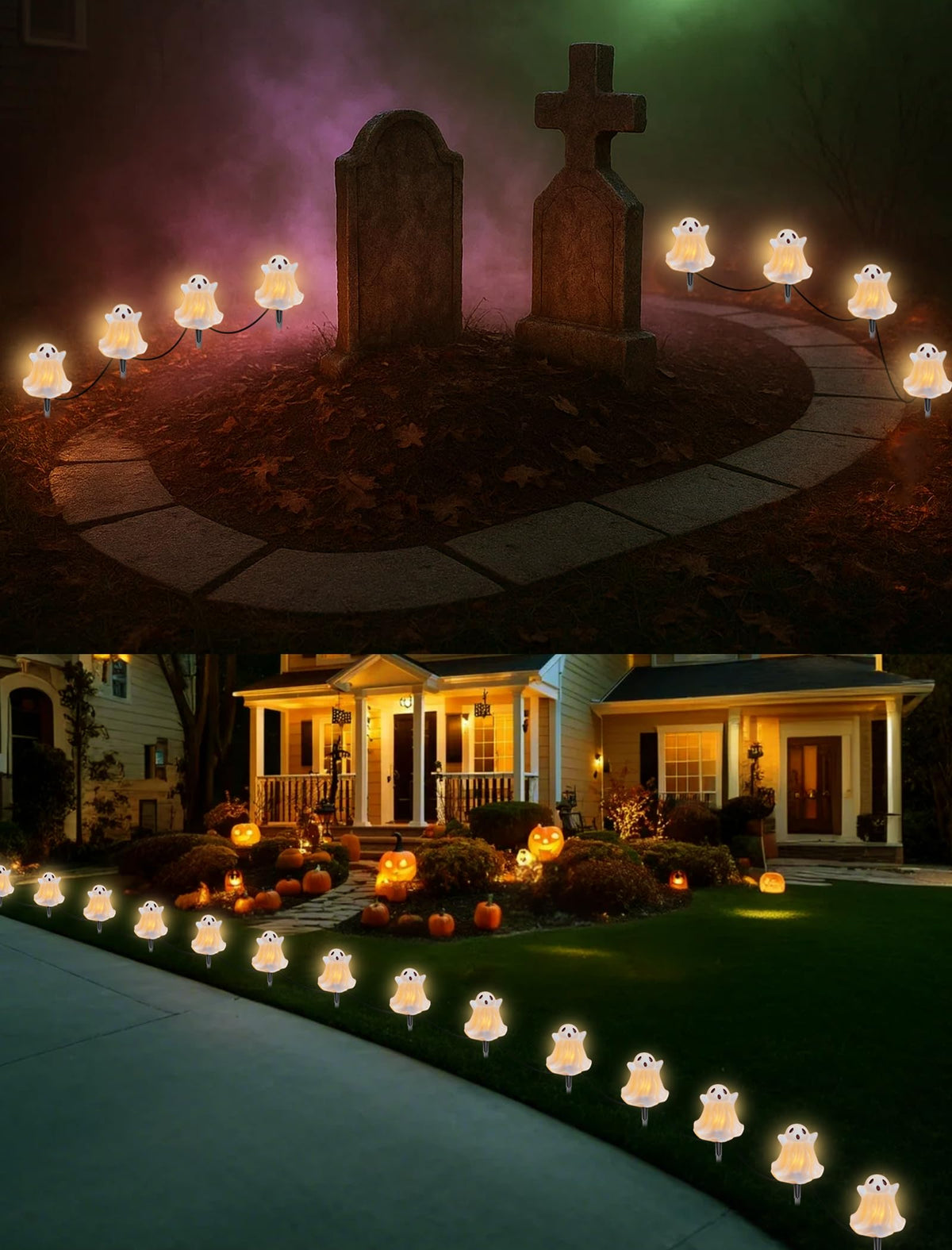 Halloween Pathway Lights Outdoor Decorations, 4PCS 3D Light-Up Ghost Garden Stake Lights, Waterproof Outdoor Lights for Yard, Lawn, Driveway, Halloween Decor