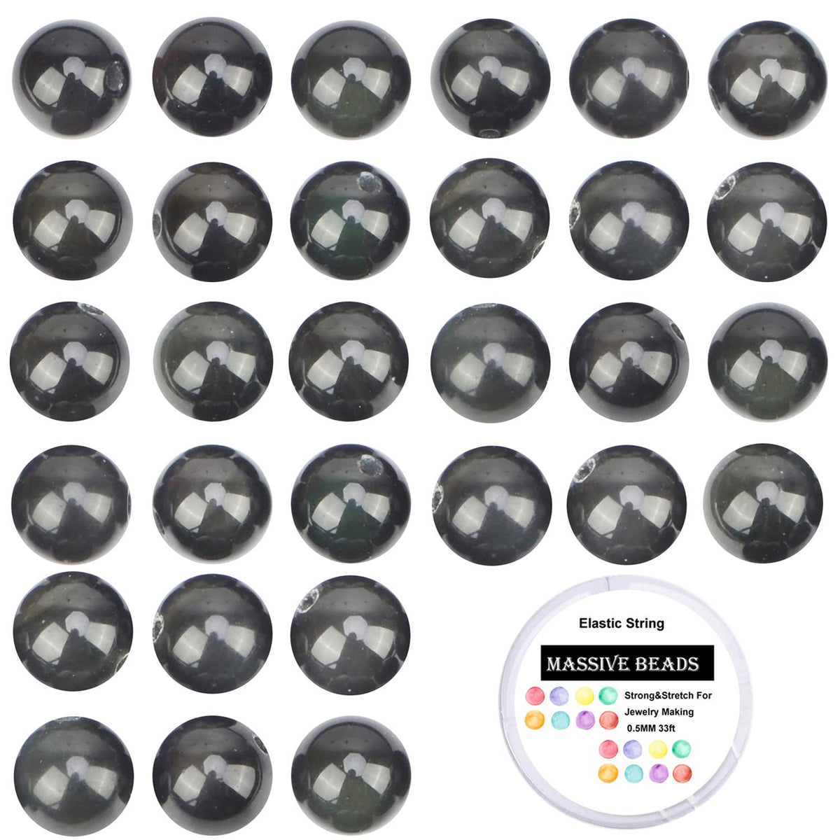 80Pcs Natural Crystal Beads Stone Gemstone Round Loose Energy Healing Beads with Free Crystal Stretch Cord for Jewelry Making (Black Obsidian, 10mm)