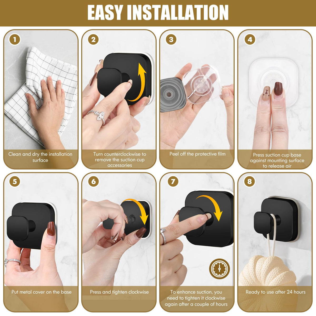 BKV Suction Cup Hooks for Shower,Heavy Duty Shower Hooks for Bathroom Wall,Glass Windows,Smooth Doors to Hang Towels,Robes,Coat,Reusable Suction Cup Wreath Hanger for Christmas Wreaths-Black(4 Pack)