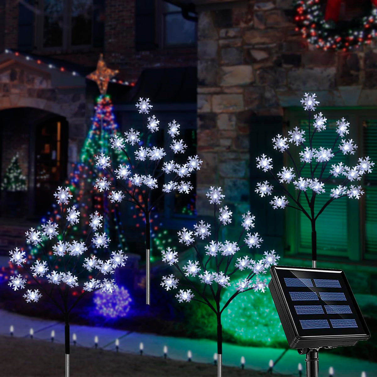 4-Pack 80LEDs Solar Christmas Snowflake Stake Lights, 8 Modes Solar Snowflake Christmas Decorations Outdoor Lights, Waterproof Outdoor Xmas Decorations for Garden Yard Pathway Walkway