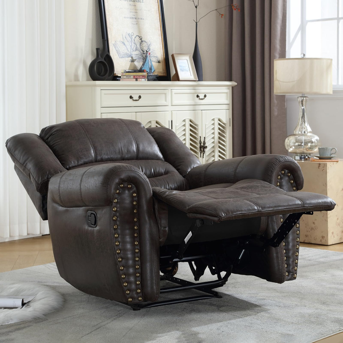 CANMOV Leather Recliner Chair, Classic and Traditional Manual Recliner Chair with Comfortable Arms and Back Single Sofa for Living Room, Dark Grey
