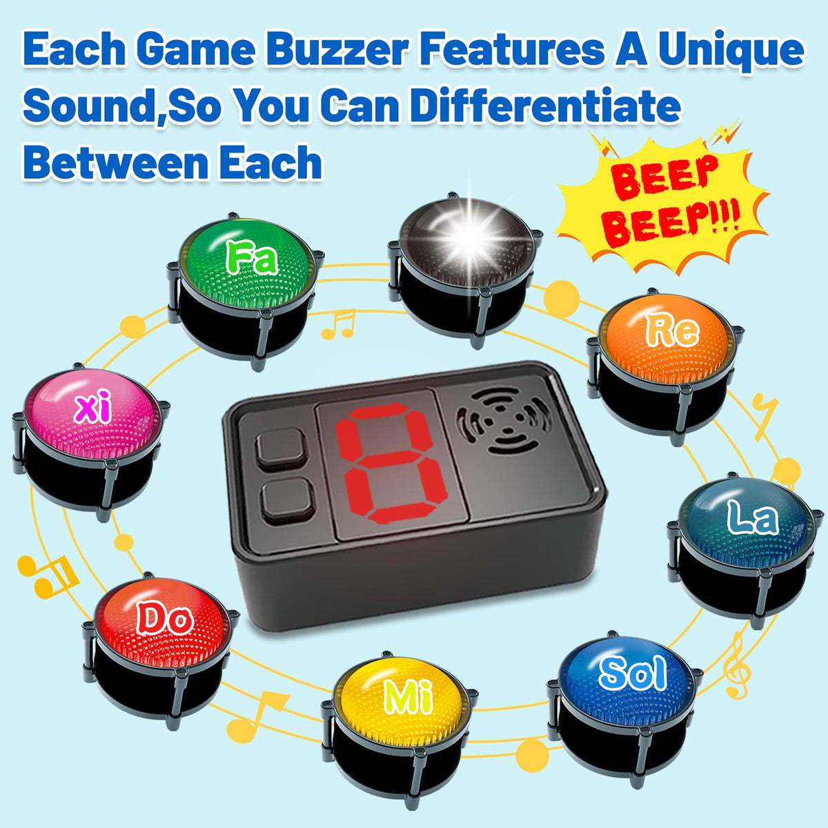 Set of 8 Buzzer for Game Show, Educational and Classroom Quiz, Family Games Night, Jeopardy Trivia, Show Who Buzzed First, 4 Modes, 50m(164Ft)-Buzzer System for Game Show, School