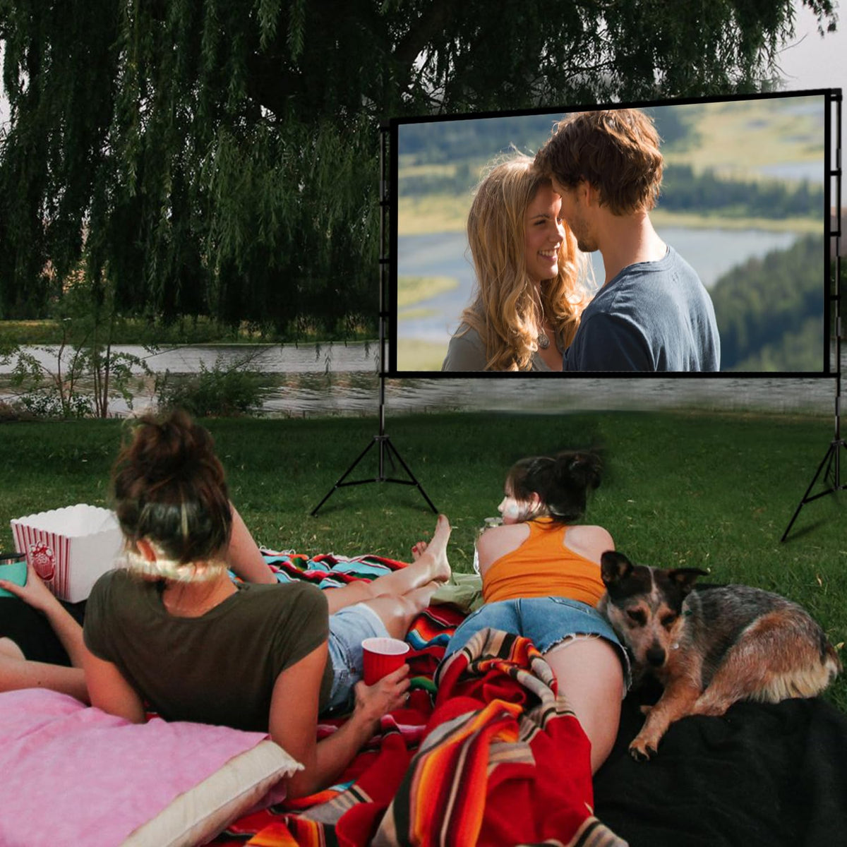 Projector Screen with Stand, Wootfairy 100 inch Foldable and Portable Projection Screen 16:9 4K HD Rear Front Wrinkle-Free Movie Screen with Carry Bag for Indoor Outdoor Home Theater Backyard Cinema