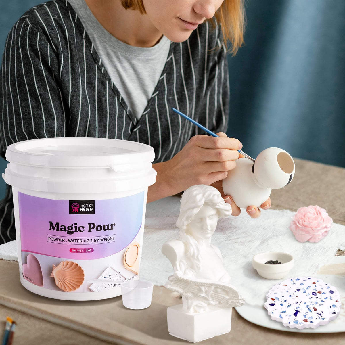 LET'S RESIN Resin Casting Powders 3000g, Fast Cured Casting Resin Kit for Beginners,20~30 Minutes De-Mold, Water Activated Plaster Powder Kit for Molds, Easy Mixing & Self Leveling