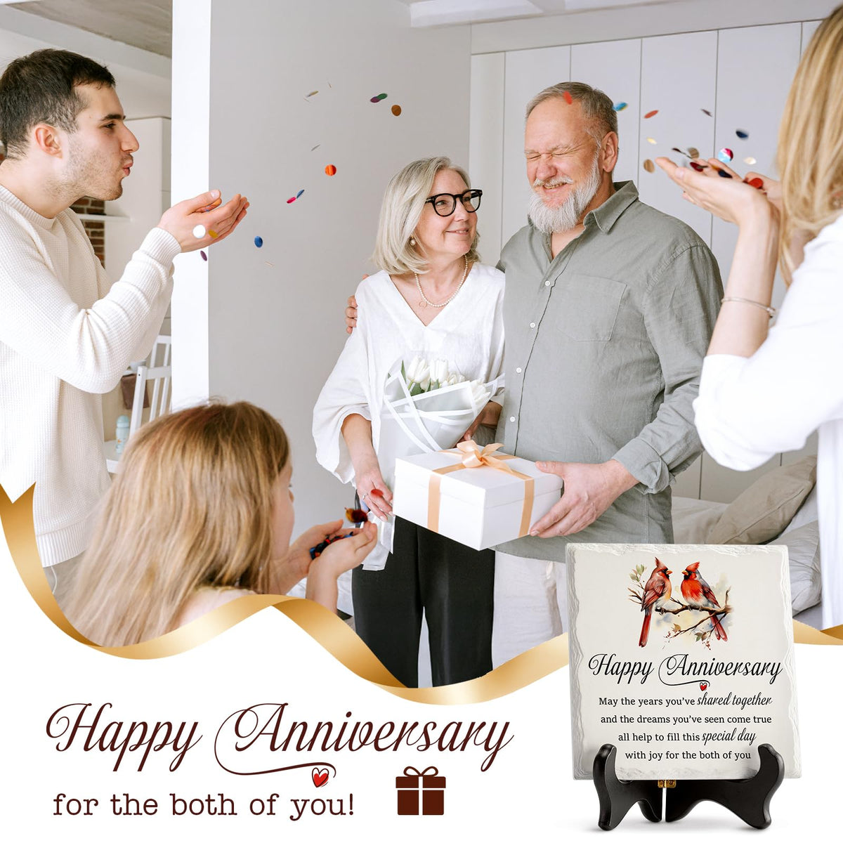 LukieJac Anniversary Couples Gifts - Cardinal Ceramic Plaque - Happy Anniversary Presents for Couples - Romantic Wedding Celebrate Keepsake Desk Decorations Christmas Gift