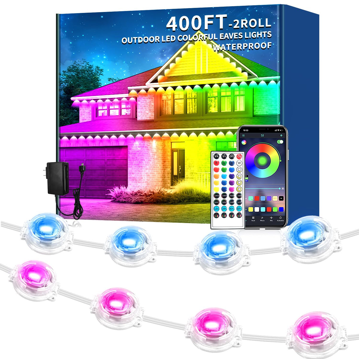 Rroetxi 400FT Permanent Outdoor Light, IP67 Waterproof LED Eaves Light, App/Remote Control Christmas Lights, Suitable for House,Patio Decor Garden Party Festival Decoration (2 Rolls, 200 FT)