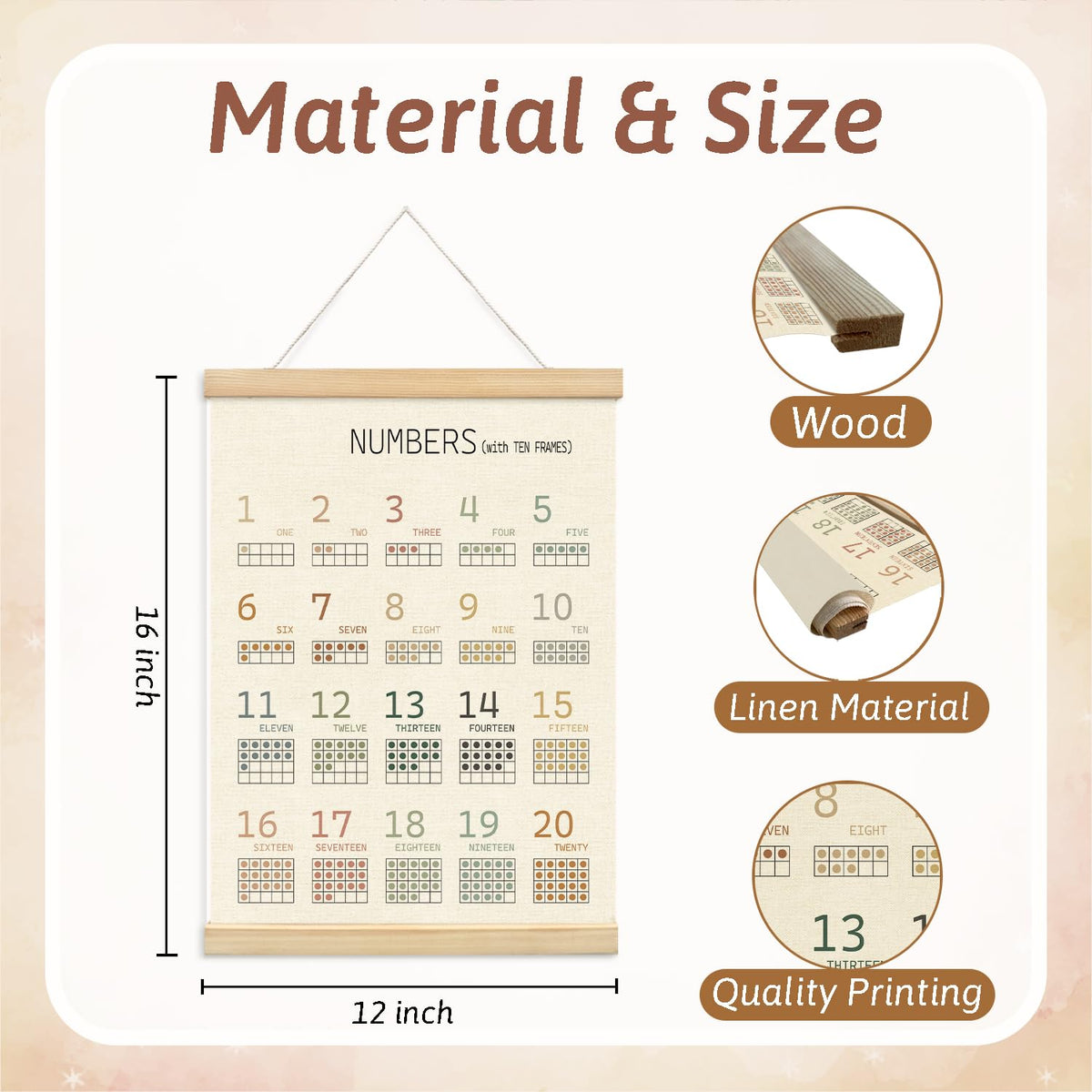 Lacama 1-20 Number Chart Wooden Poster Hanger,Educational Charts & Posters Hanger Frame - Homeschool Supplies,Kids Learning Educational Gift for Toddler Ages 2 3 4 5,12x16 Inches