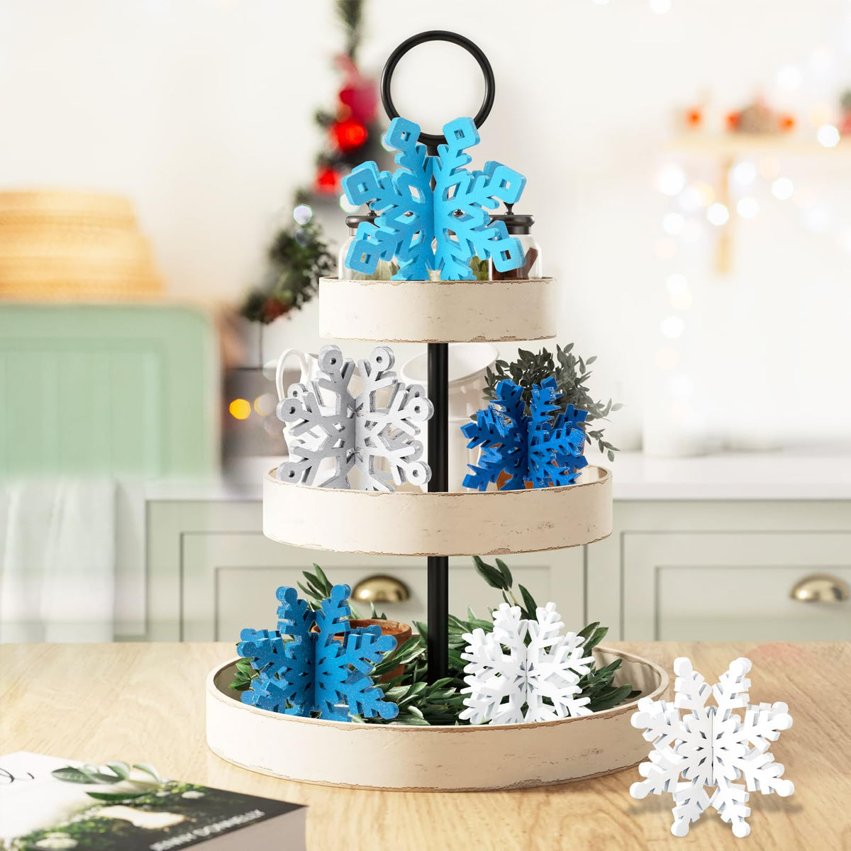 OuMuaMua 12 Set Winter Christmas Centerpiece Table Decorations - 24pcs Wooden Snowflakes Decor 3D White Blue Snowflake Tabletop Decor for Xmas Holiday Tiered Tray Winter Farmhouse Home Decor