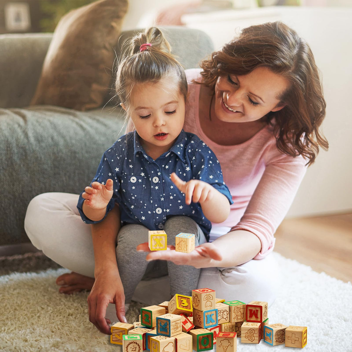 SainSmart Jr. Wooden ABC Blocks 40PCS Stacking Blocks Baby Alphabet Letters, Counting, Building Block Set for Toddlers 1.2 Inch