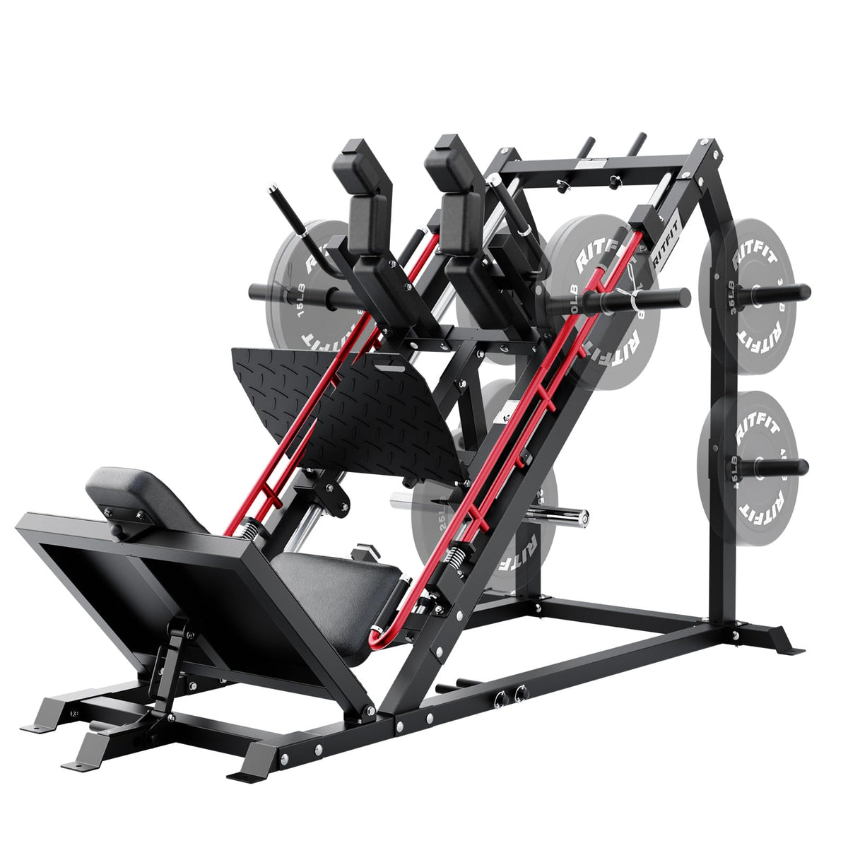 RitFit Gazelle Pro 3 in 1 Leg Press and Hack Squat Machine - High-Tensile Steel Leg Press Machine, 2000lbs Capacity, Adjustable Angles with Weight Storage (Red (with 35lb Rubber Weight Plates))