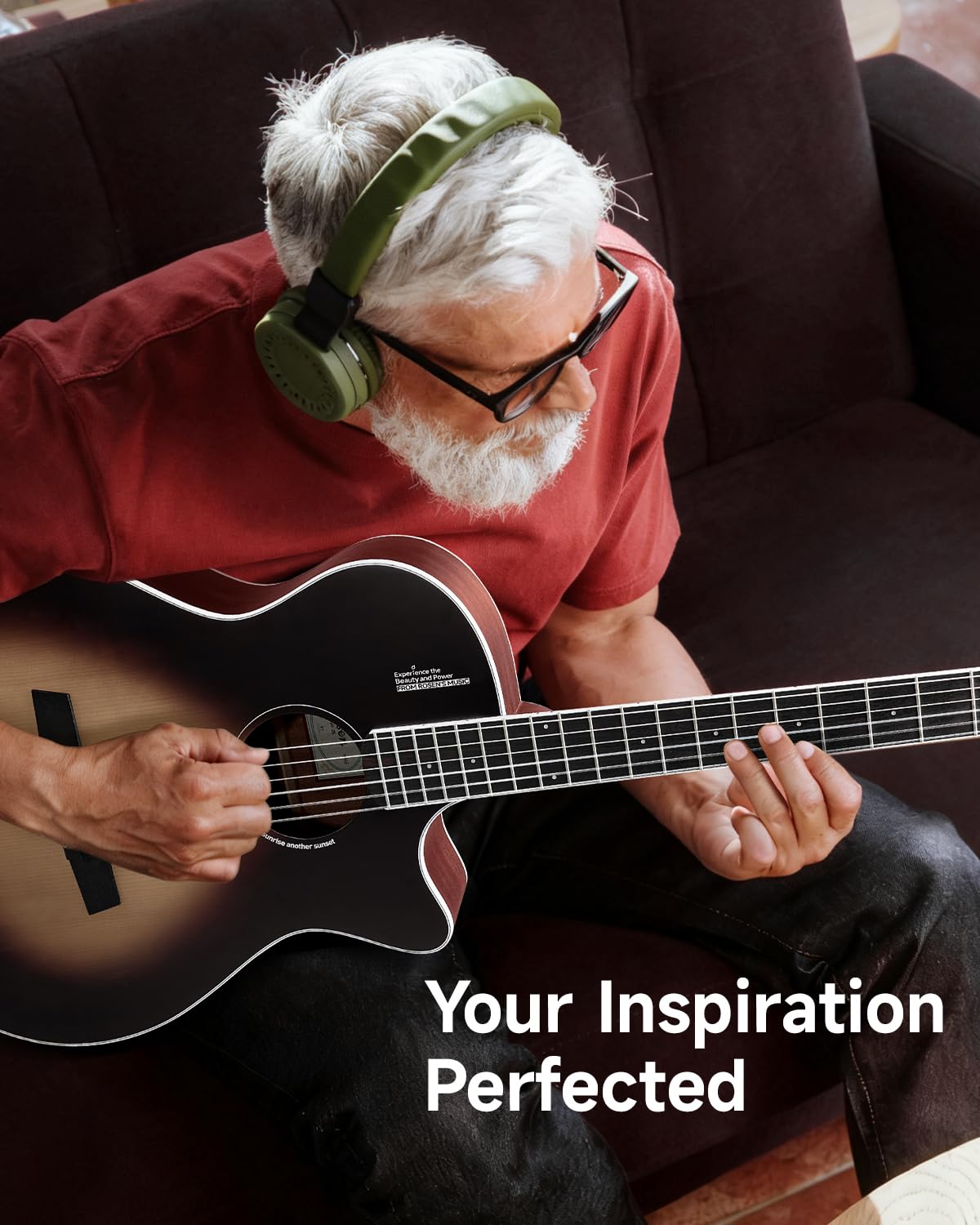 Rosen V1 Hybrid Acoustic Guitar for Beginners Adults Patented Body with Solid Spruce Top & Soft Touch Strings Thin Neck & Open Pore Matte 40 Inch,Black