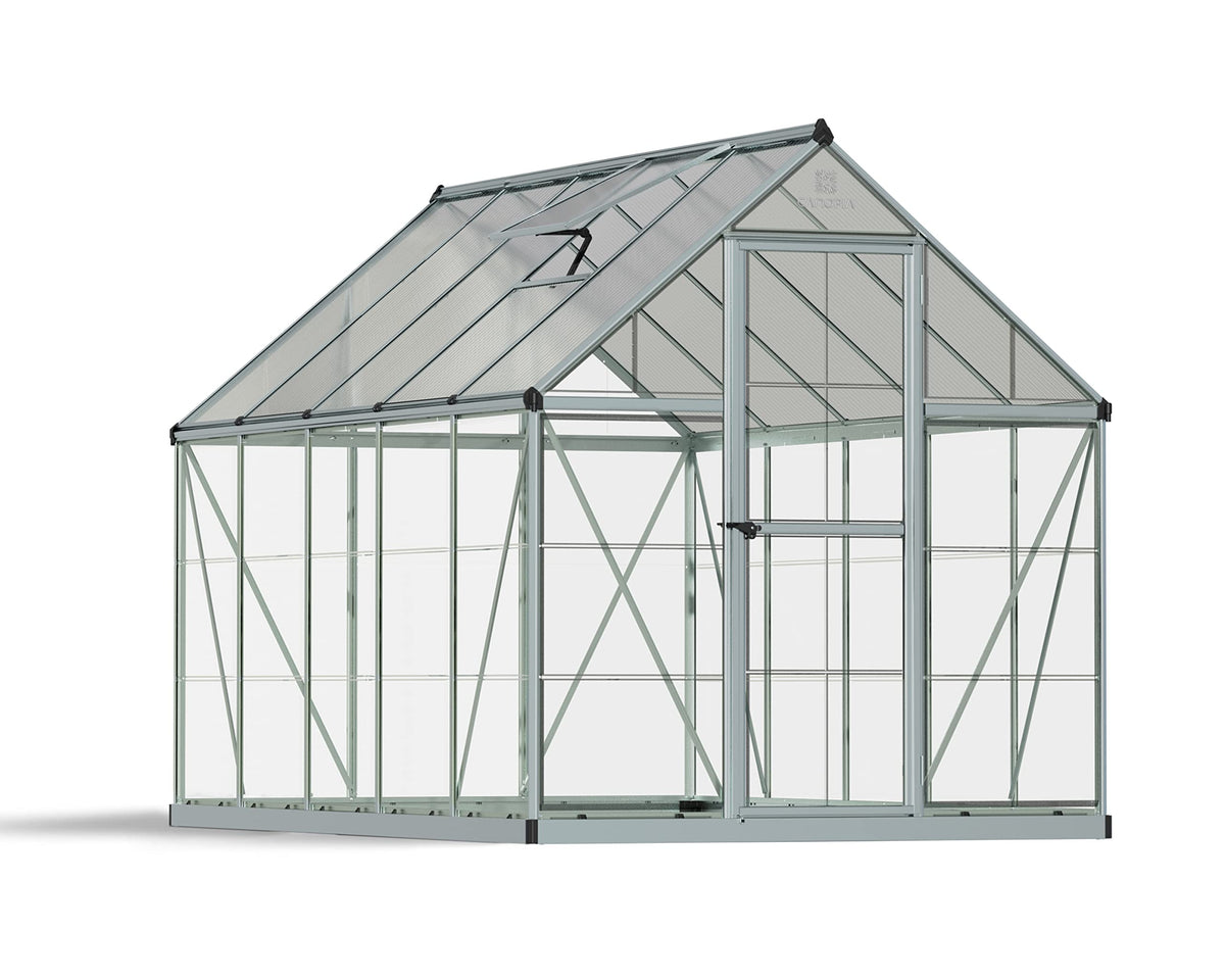 Palram - Canopia 6x10 Greenhouse for Outdoors, Walk-In UV Polycarbonate Panels Heavy Duty Aluminum Frame, Lockable Door, Adjustable Roof Vent, Rain Gutters, Galvanized Steel Base, Hybrid (Silver)