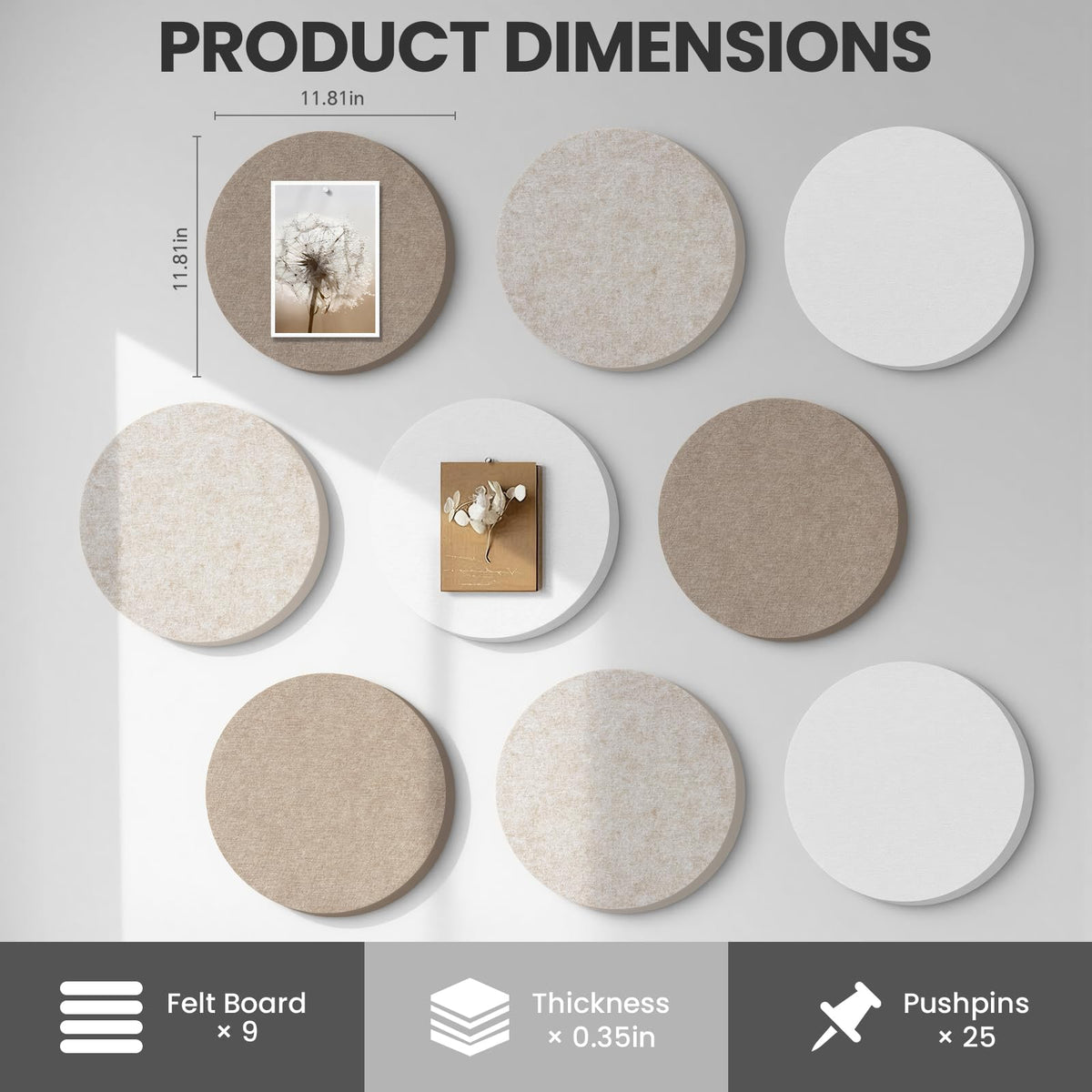 Bulletin Board, 11.8'' X 11.8'' Cork Board Alternative, 9 Pack Round Felt Board with Pushpins, Decorative Felt Notice Vision Board Photo Display Board for Office Home School Wall