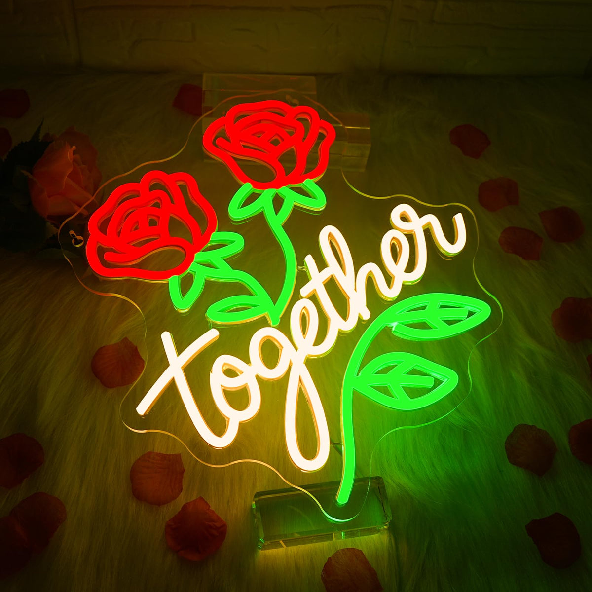 Looklight Together Neon Sign Wedding Neon Signs for Wall Decor Flower Light Happy Anniversary Sign Rose Wall Decor Led Lights for Anniversary Celebration Wedding Party Bedroom Home Decorations Gifts