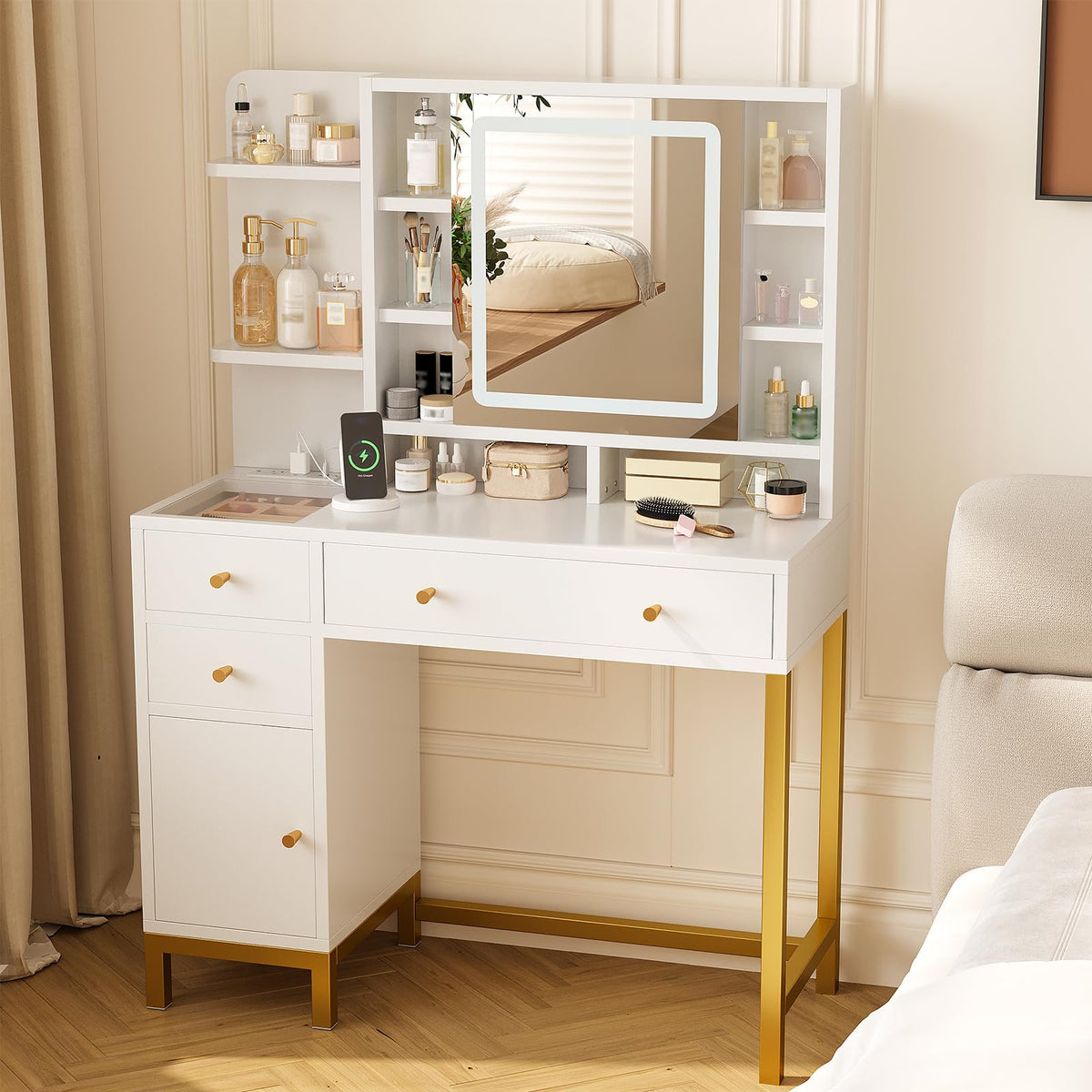 GAOMON 43.7'' White Vanity Desk Table with Lighted Mirror & Power Outlet, 3 Lighting Modes, Brightness Adjustable Vanity Table Makeup Vanity for Bedroom Dressing Room