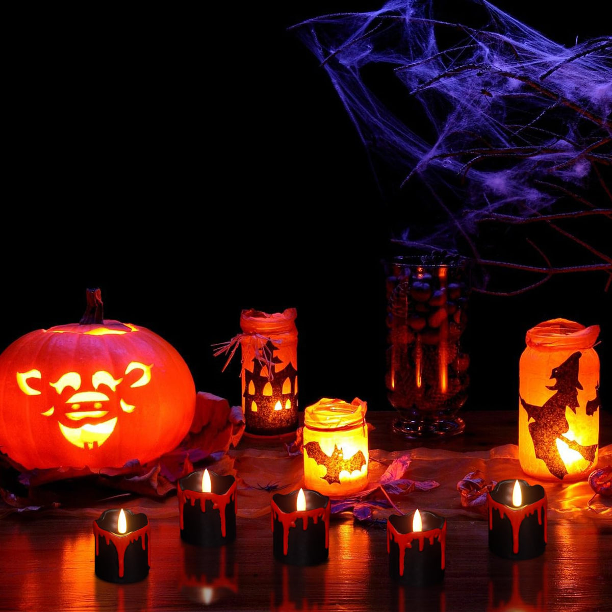 Eldnacele Black Votive Flameless Candles Battery Operated with Timer, 300+ Hour Blood Dripping Wax Tea Lights Flickering Electric LED Candles Fall Dinner Decor Spooky Halloween Lights(6Pcs,2"×2.2")
