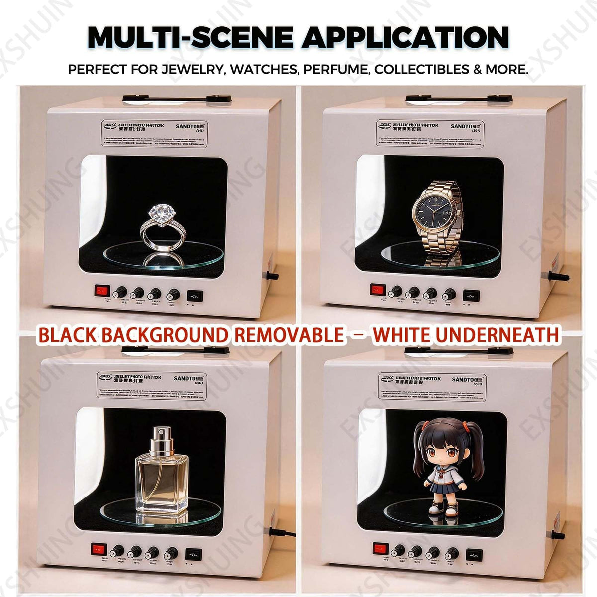 EXSHUING Jewelry Photography Light Box with Turntable, Dimmable Led Photo Tent â 360° Auto-Rotation, 1kg/2.2lbs Load, Hanging Bracket Included, 3000-5500k, CRI>92%, for Stunning Gemstone & Gold(TB30)