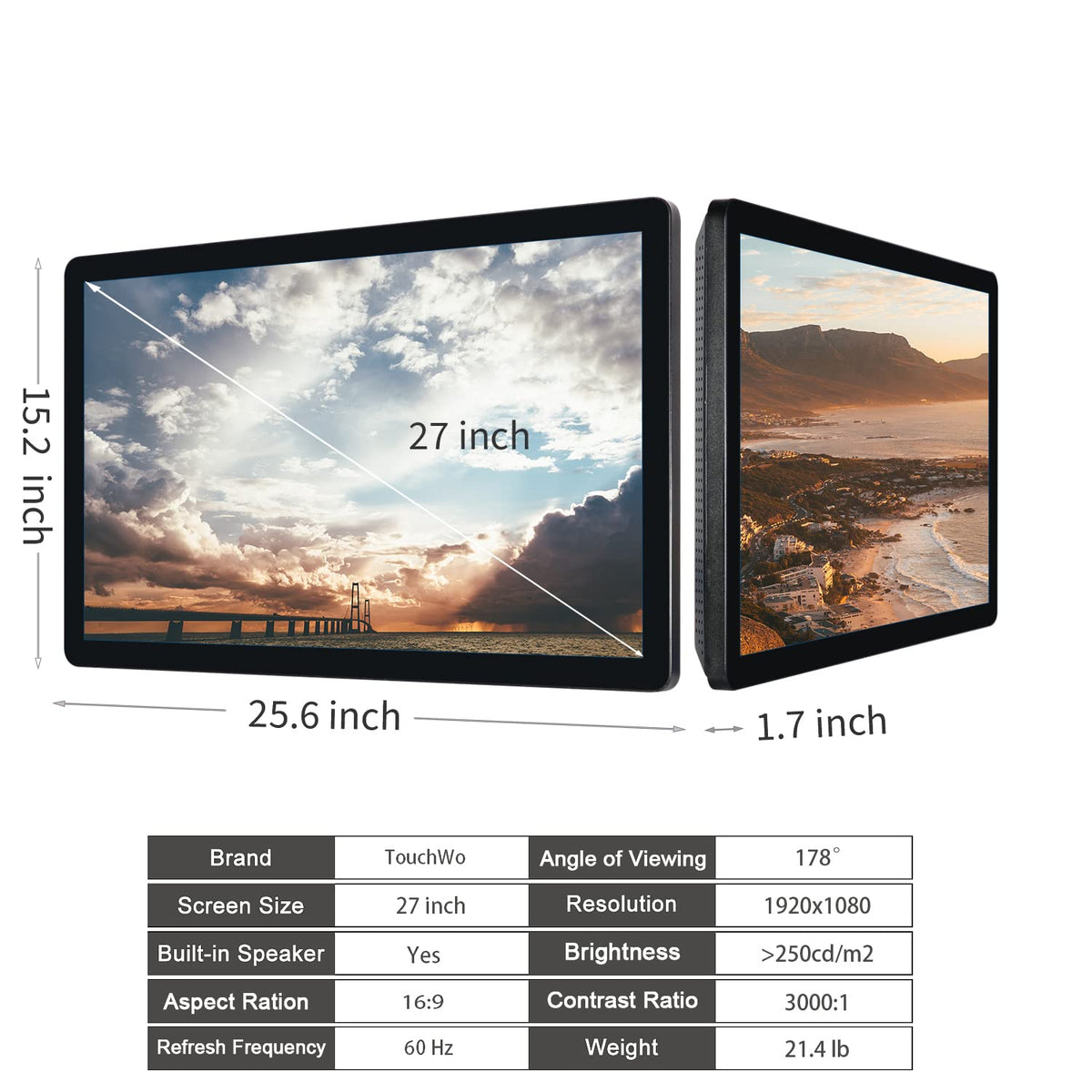 TouchWo 27 inch Touch Screen PC Monitor, Intel i5, 4GB RAM, 128G SSD, 16:9 FHD 1080P, Windows 10, Smart Board for Classroom, Meeting & Home, USB, VGA & HD-MI Monitor