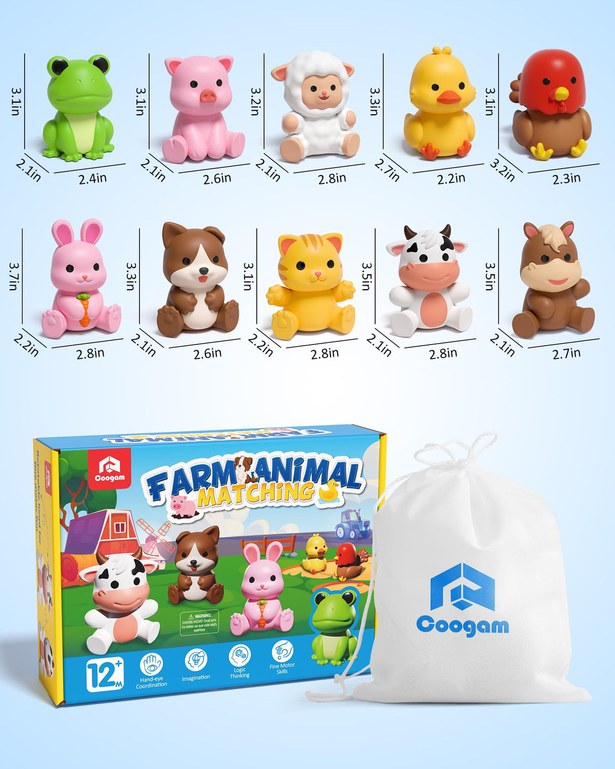 Coogam 10Pcs Farm Animal Matching Toys, Fine Motor Sorting Games for Kids Age 1-3, Montessori Learning Sensory Fidget Toy Gift for Baby Shower Bath Birthday