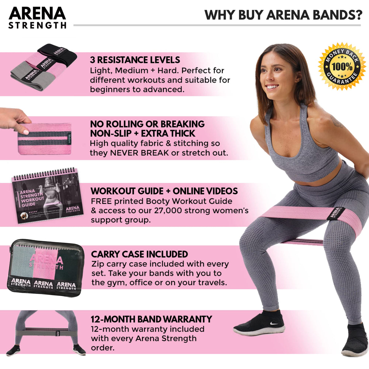 Arena Strength Fabric Exercise Booty Bands for Legs and Butt | Hip Resistance Bands Set of 3 with Workout Guide and Carry Case