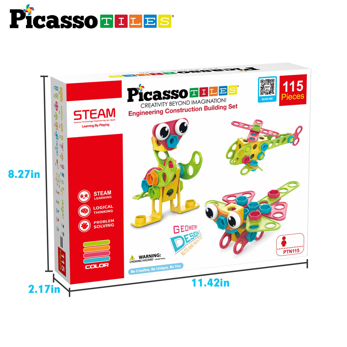 PicassoTiles 115 Piece Building Blocks Set Kids STEM Toy Construction Engineering Sensory Toys Kit Block Children Early Education Playset with FREE IdeaBook, Clickable Ratchet Age 3+ Boys Girls PTN115