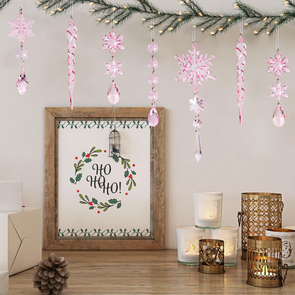 18pcs Crystal Christmas Ornaments for Christmas Tree Decorations-Pink Hanging Acrylic Snowflake and Icicle Ornaments with Drop Pendants for New Year Party Decorations Supplies