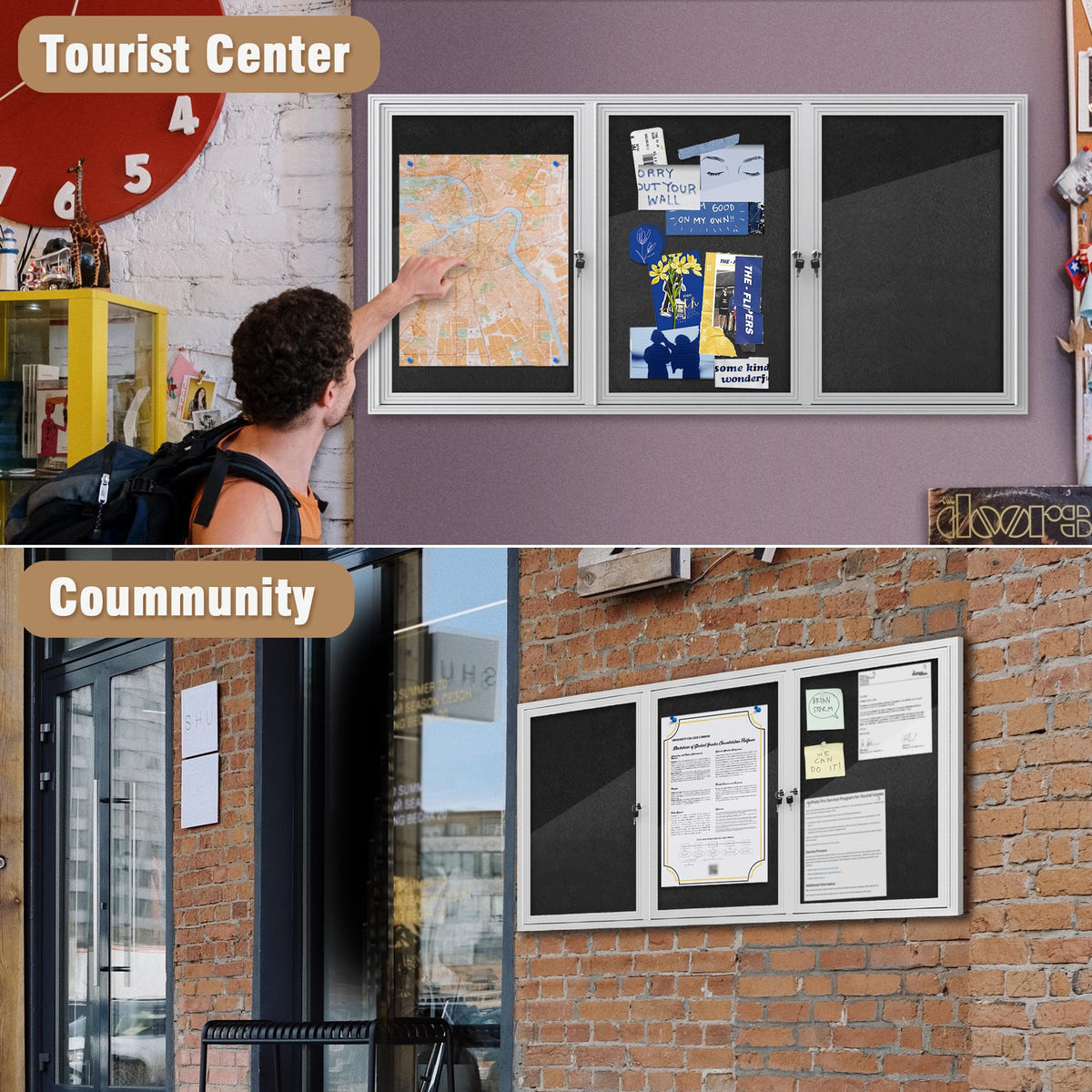 Mifuro 70"x34" Enclosed Bulletin Board, Outdoor Lockable Weather-Resistant Aluminum Cork Noticeboard for School & Office, Silver Frame w/Black Flet