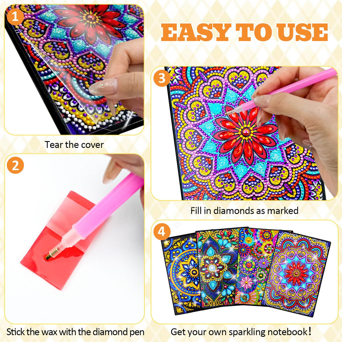 LINGFANG 4 Pack Diamond Art Kits for Adults Teens, Leather Cover Diamond Painting Journals Notebooks, DIY 5D Gem Dots Art Crafts for Teenagers' Birthday, Graduation, Christmas Gifts with Tools (Cat)