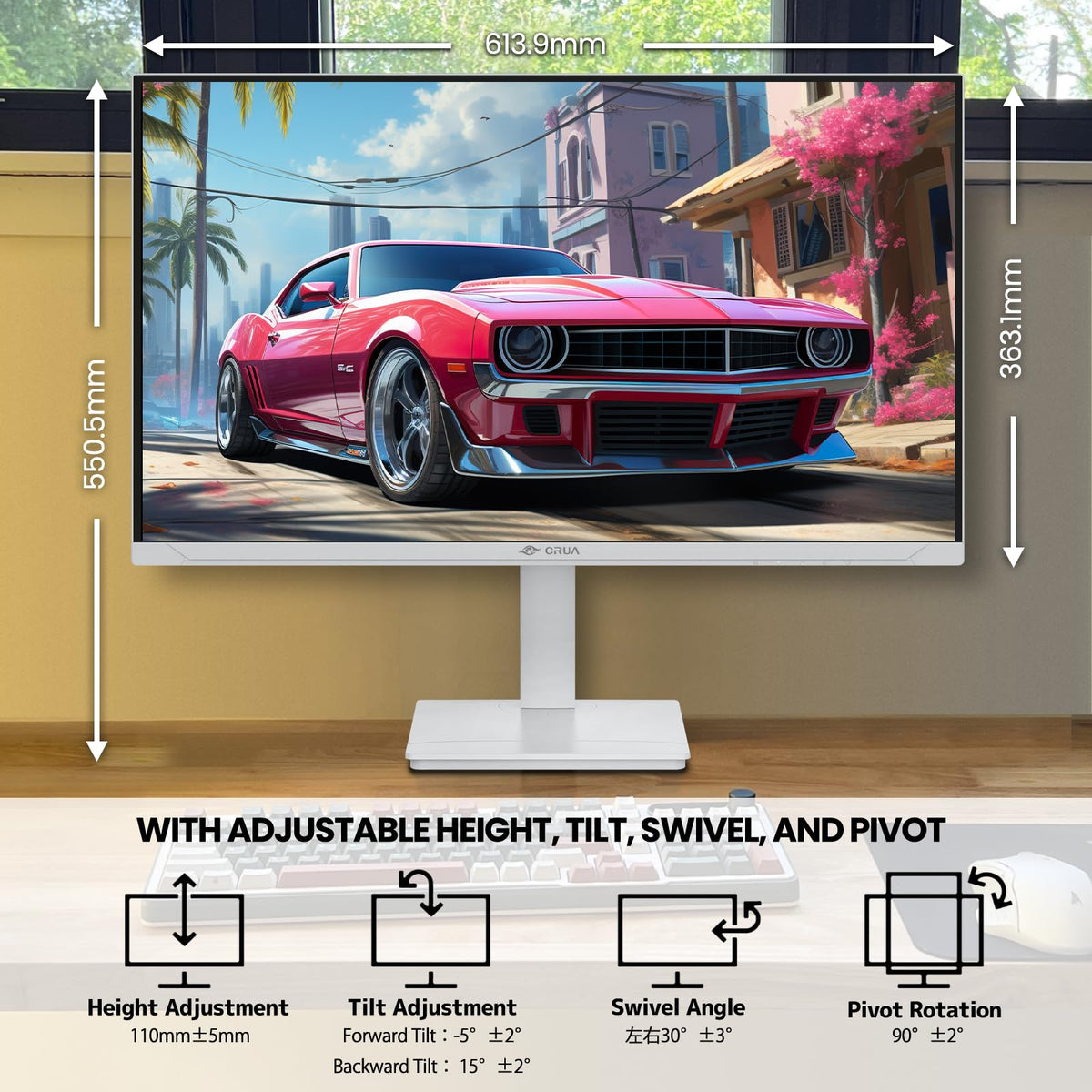 CRUA 27" Gaming Monitor, 144Hz 4K UHD(3840*2160P) IPS Screen, Supports Height/Pivot/Rotating/Tilt Adjustable Vertical Monitor, AMD Freesync, 120% sRGB, Built-in Speakers, Wall Mountable Installs-White