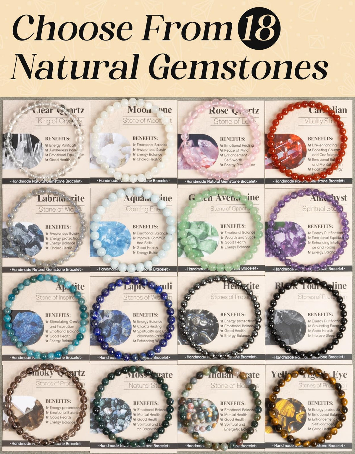 Landorilo Beaded Bracelet for Men Women, 6mm Natural Stone Aquamarine Healing Crystal Stretch Bracelets, Ideal Christmas Birthday Jewelry Gifts with Energy Card,Replacement Beads Included
