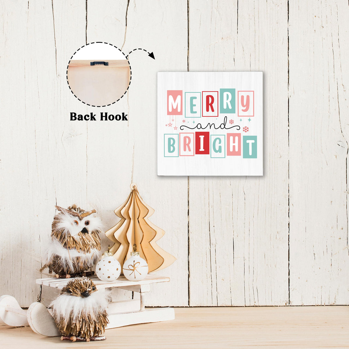 OXRUN Christmas Table Decorations, Merry and Bright Wooden Box Sign Decorative, Xmas Holiday Gifts for Women Men Home Office Shelf Decor 6 x 6 Inches - F09