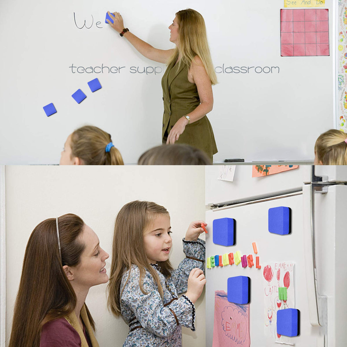 Mini Dry Erase Erasers, IHPUKIDI 48 Pack Magnetic Whiteboard Dry Erasers Chalkboard Cleaner Wiper for Kids and Classroom Teacher Supplies, Home and Office (2 x 2 Inch) Blue