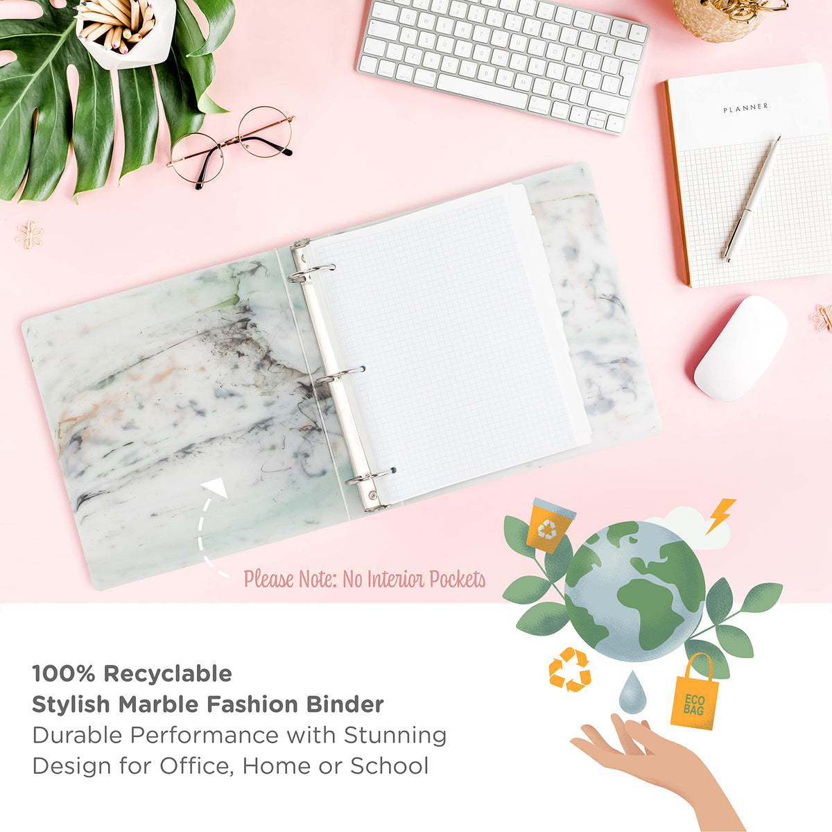 Carstens Limited Edition 2-Inch Green Marble Heavy Duty 3-Ring Binder – Side Opening, Waterproof, Durable Plastic, No-Gap Rings, Holds 300 Sheets, BPA-Free, Made in USA (2843-3R)