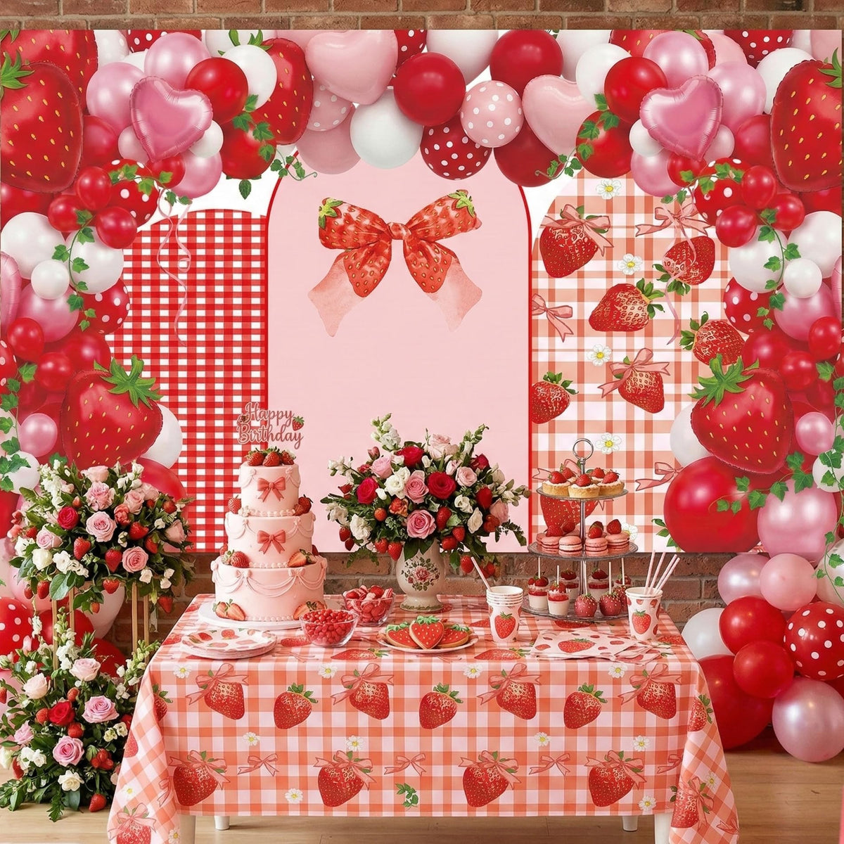 Strawberry Backdrop Berry Birthday Decorations - Strawberry Shortcake Backdrop Cover Pink Red Balloon for Birthday Party Supplies Baby Shower Gender Reveal Wedding Photography Photography 71x43 Inch