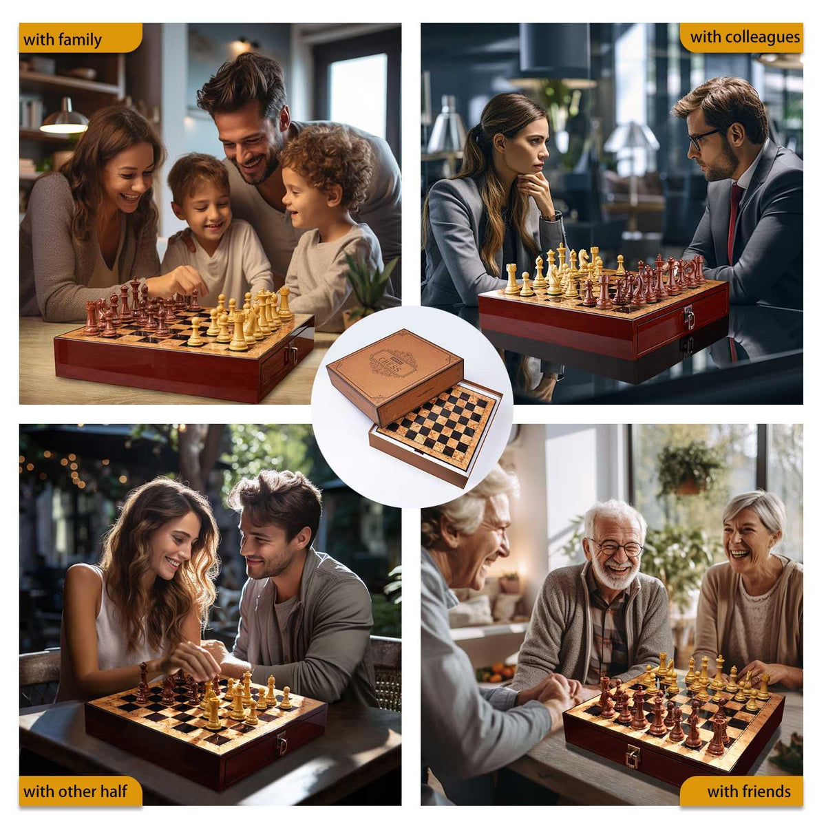 AMEROUS 17 inches Wooden Chess Set with High Polymer Weighted Chess Pieces / 2 Built-in Storage Drawers / 2 Extra Queens / 3.75'' King, Classic Board Game