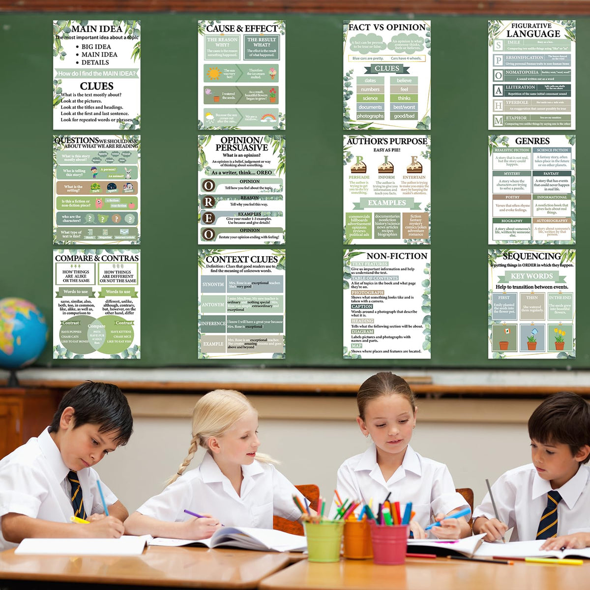 QOUBAI 12pcs Reading Comprehension Classroom Posters Eucalyptus English Language Arts Bulletin Board Chart Decor Reading Corner Poster for Elementary Middle High School Wall Decor Classroom Must Haves