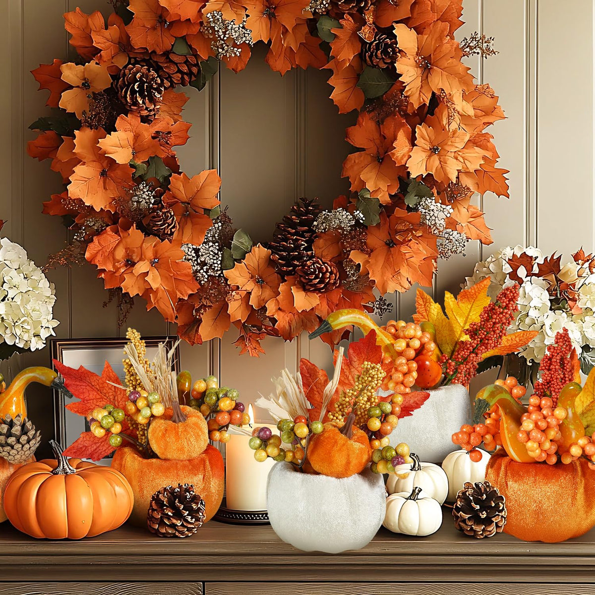 Artmag Set of 6 Artificial Pumpkins Decorations, Decorative Fabric Orange Pumpkin with Maple Berry Acorn Pine Cone Vegetables for Fall Thanksgiving Harvest Party Home Tabletop