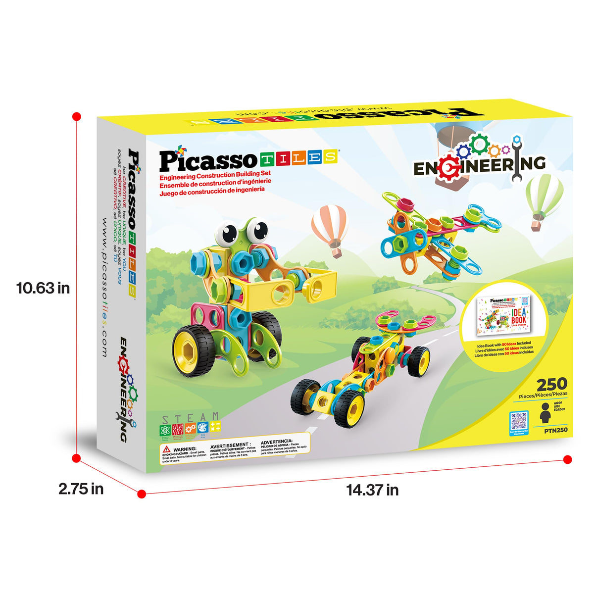 PicassoTiles STEM Learning Toys 250 Piece Building Block Kids Construction Engineering Kit Toy Blocks Children Early Education Playset w/Free IdeaBook, Power Drill, Clickable Ratchet, Age 3+ PTN250