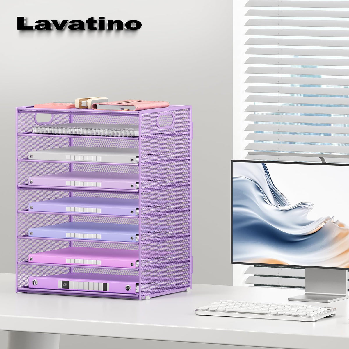 Lavatino 2 Pack 8-Tier Office Desk File Organizer, Letter Tray Paper Organizer with Handle, Including 5 Adjustable Slide Trays for Organizing Desk Workspace Accessories and Supplies (Purple Mesh)