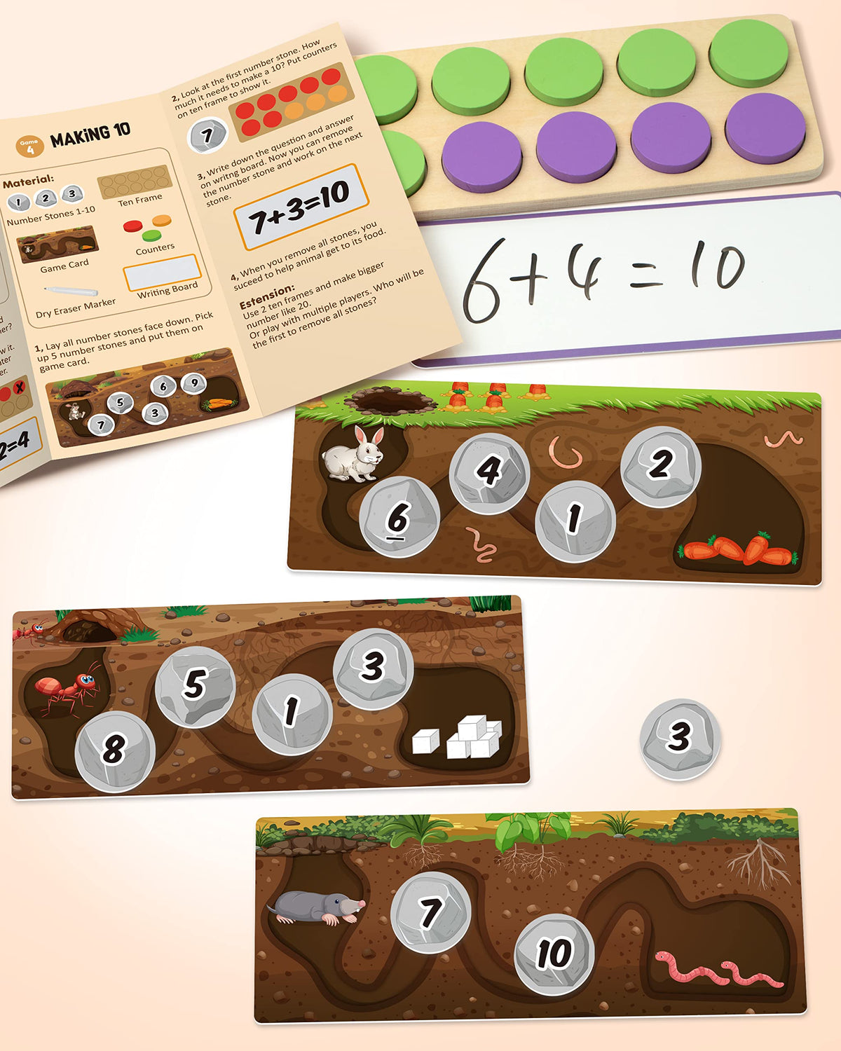 SYNARRY Wooden Ten-Frame Set Math Manipulatives for Kindergarten Elementary 1st 2nd Grade Homeschooling, Addition and Subtraction Montessori Math Games for Chirldren, Counters Toys for Kids Ages 3-8